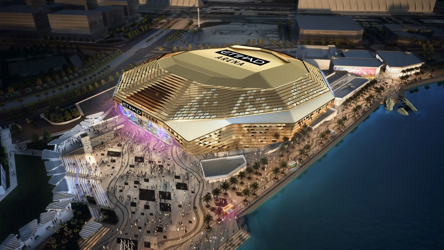 Aerial view of Etihad Arena, Abu Dhabi, near waterfront.