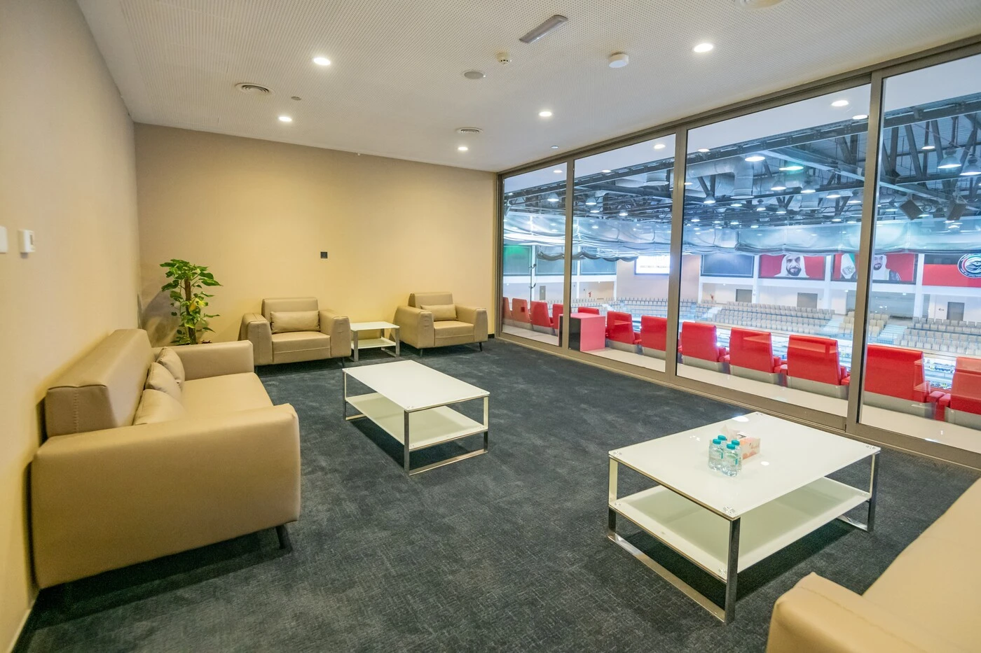 Luxurious lounge with arena view at Mubadala Arena, Abu Dhabi.