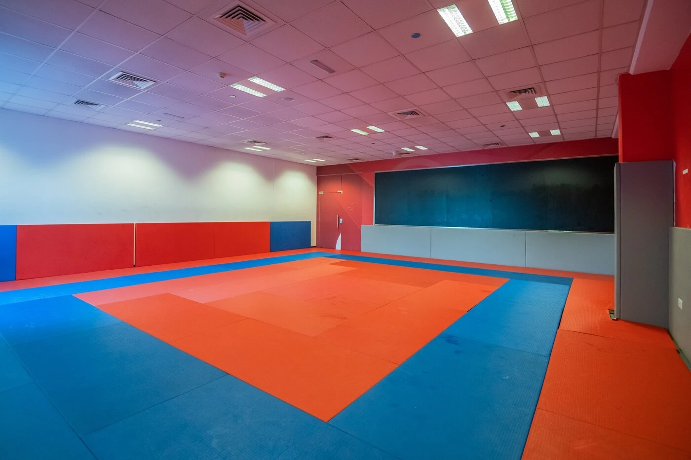 Mubadala Arena training room with red and blue mats, Abu Dhabi.