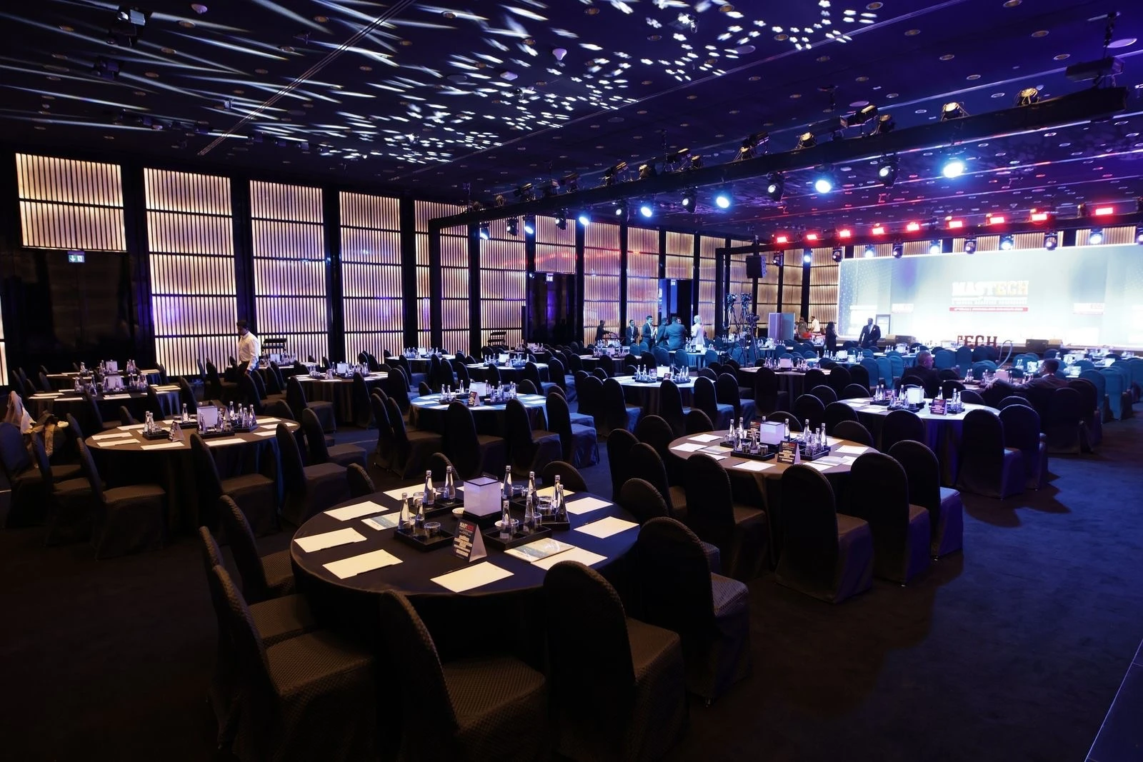 Elegant ballroom with round tables, Armani Hotel Dubai, Burj Khalifa.