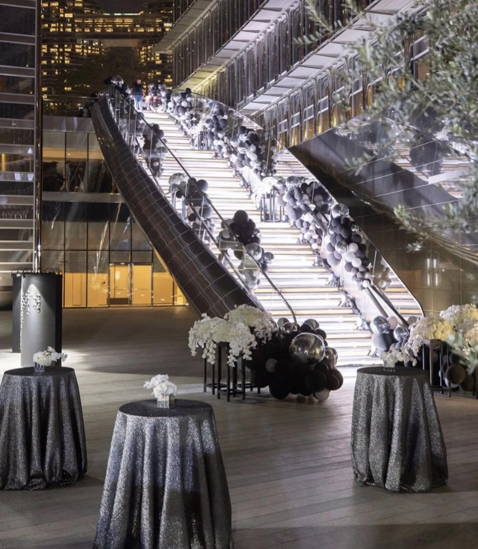 Elegant staircase with balloons, Armani Hotel Dubai entrance, Burj Khalifa.