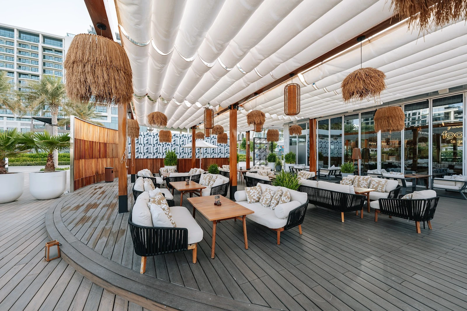 Outdoor seating at Jones the Grocer, The Palm Jumeirah, Dubai.
