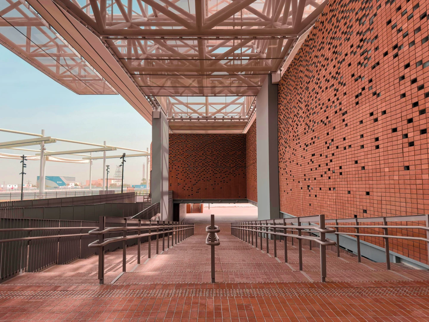 Connect Conference Centre Dubai, modern architecture with red brick walls.