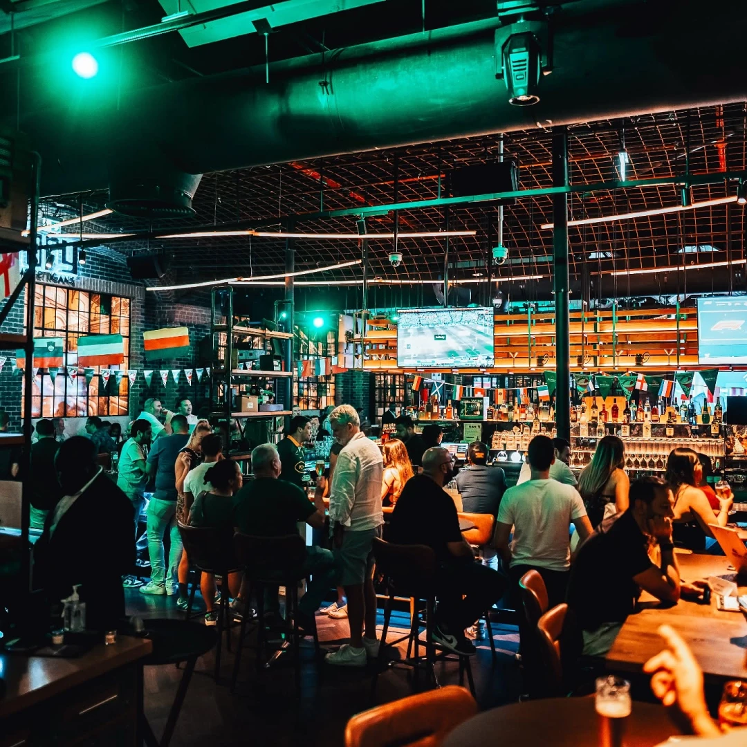 Lively interior of McGettigan's Factory The Palm, Dubai venue space.