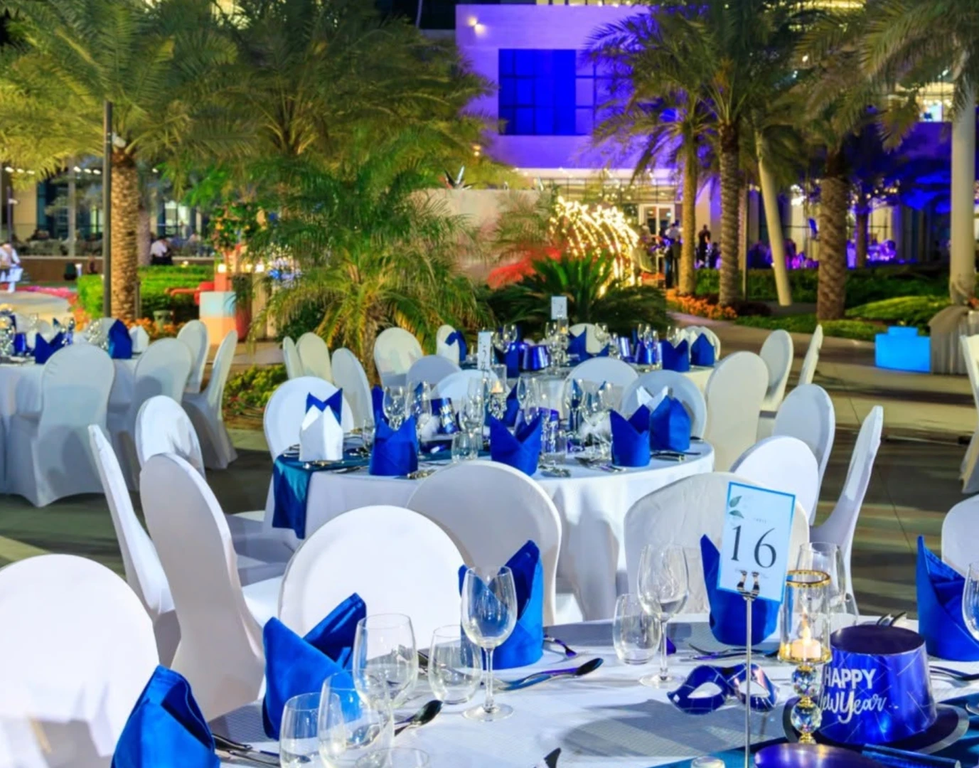 Elegant outdoor event setup at Royal M Hotel, Dubai.