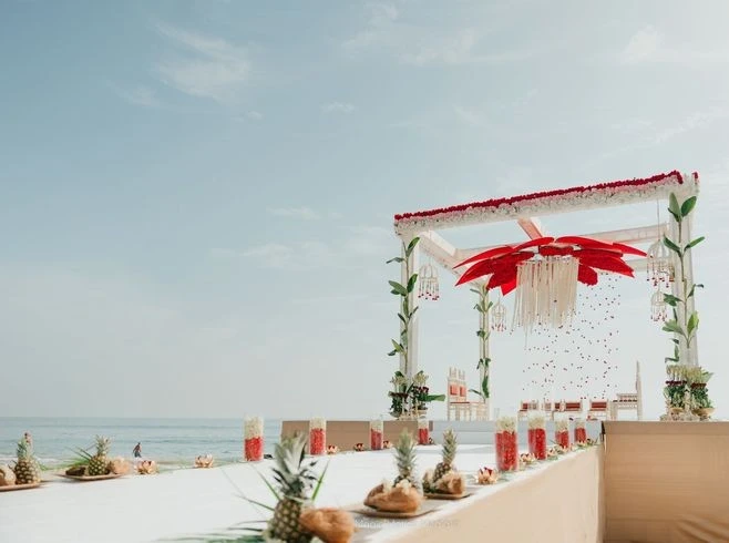Elegant beachfront venue setup at Royal M Hotel, Dubai.