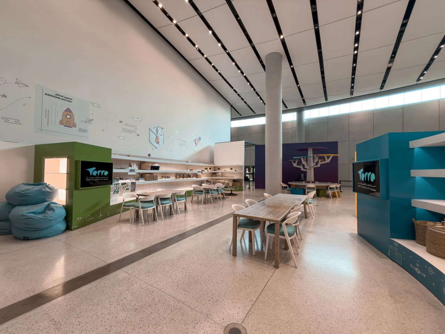 Modern interior with tables and chairs at Terra, Expo City Dubai, UAE