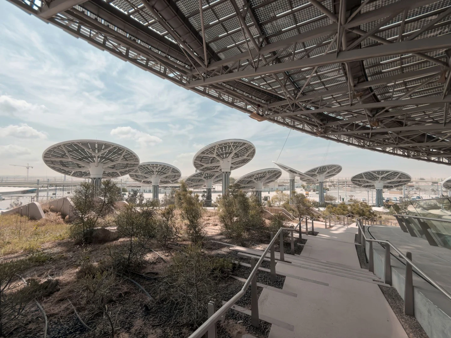 Futuristic solar panel structures at Terra, Expo City Dubai, Dubai, UAE