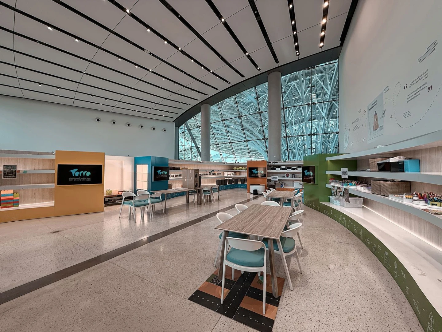 Modern interior with seating and displays at Terra, Expo City Dubai, UAE.