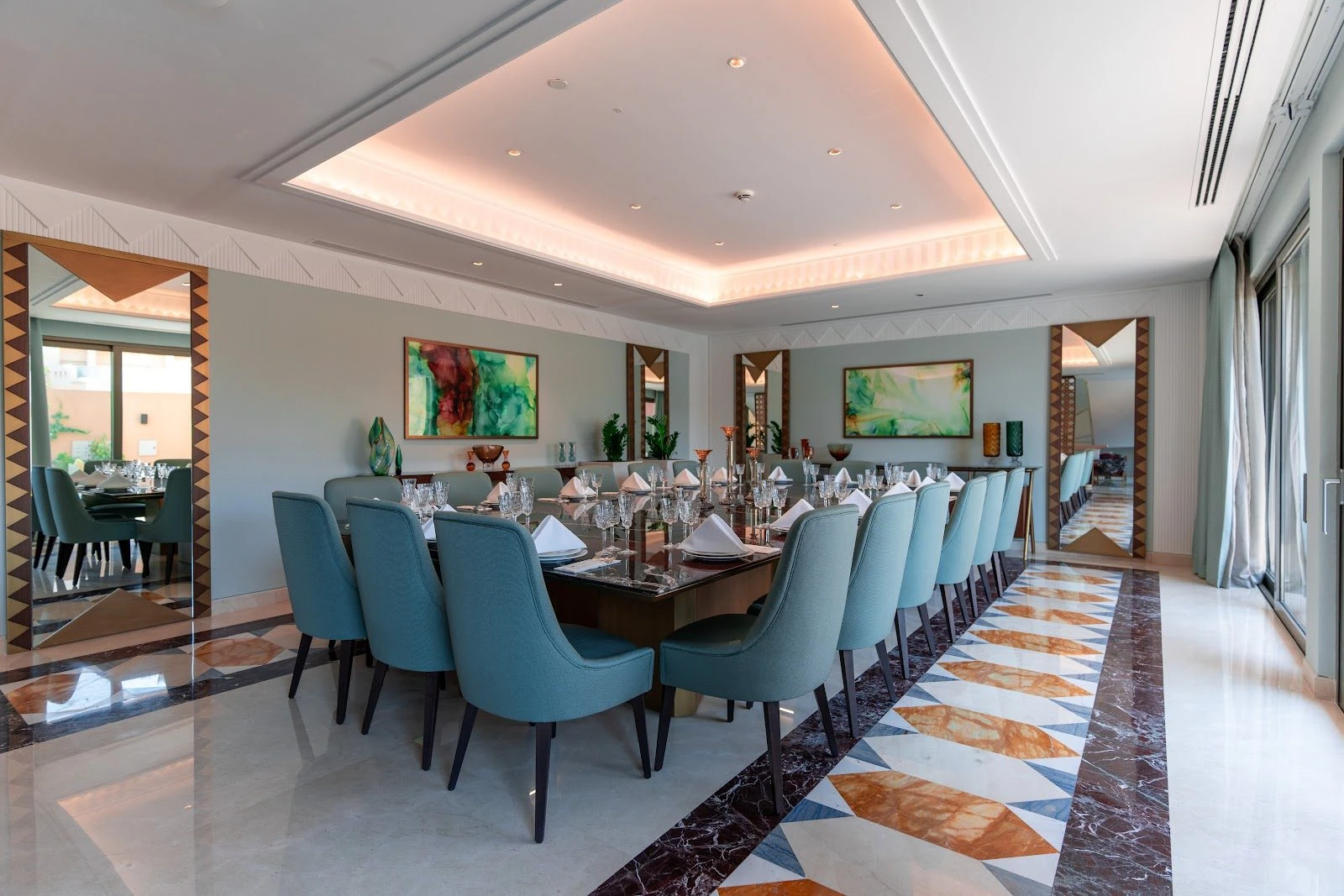 Elegant dining room setup at Vivienda Riyadh Diplomatic Quarter, Riyadh, KSA.