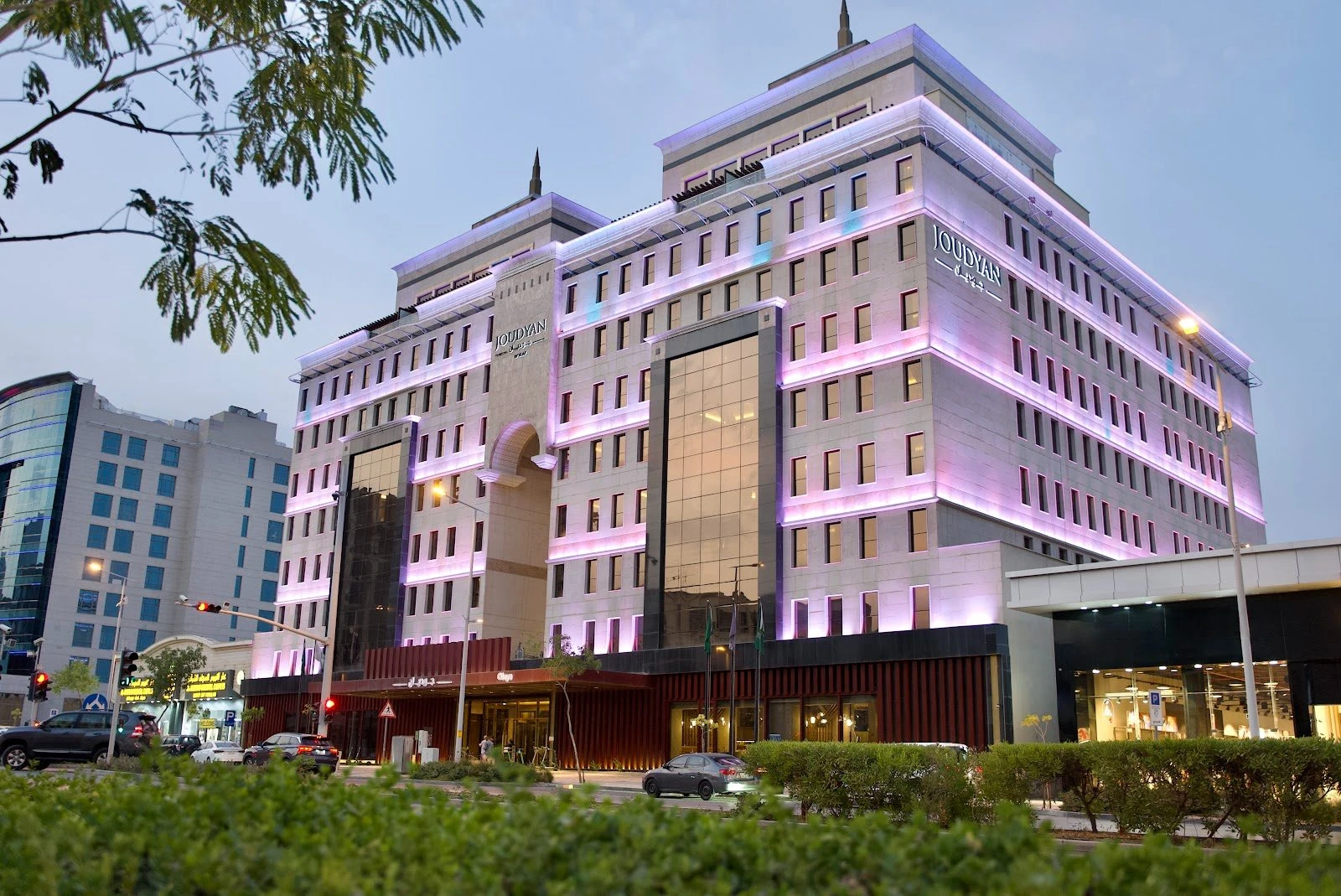 Illuminated building exterior at Joudyan Olaya by Elaf, Riyadh, KSA