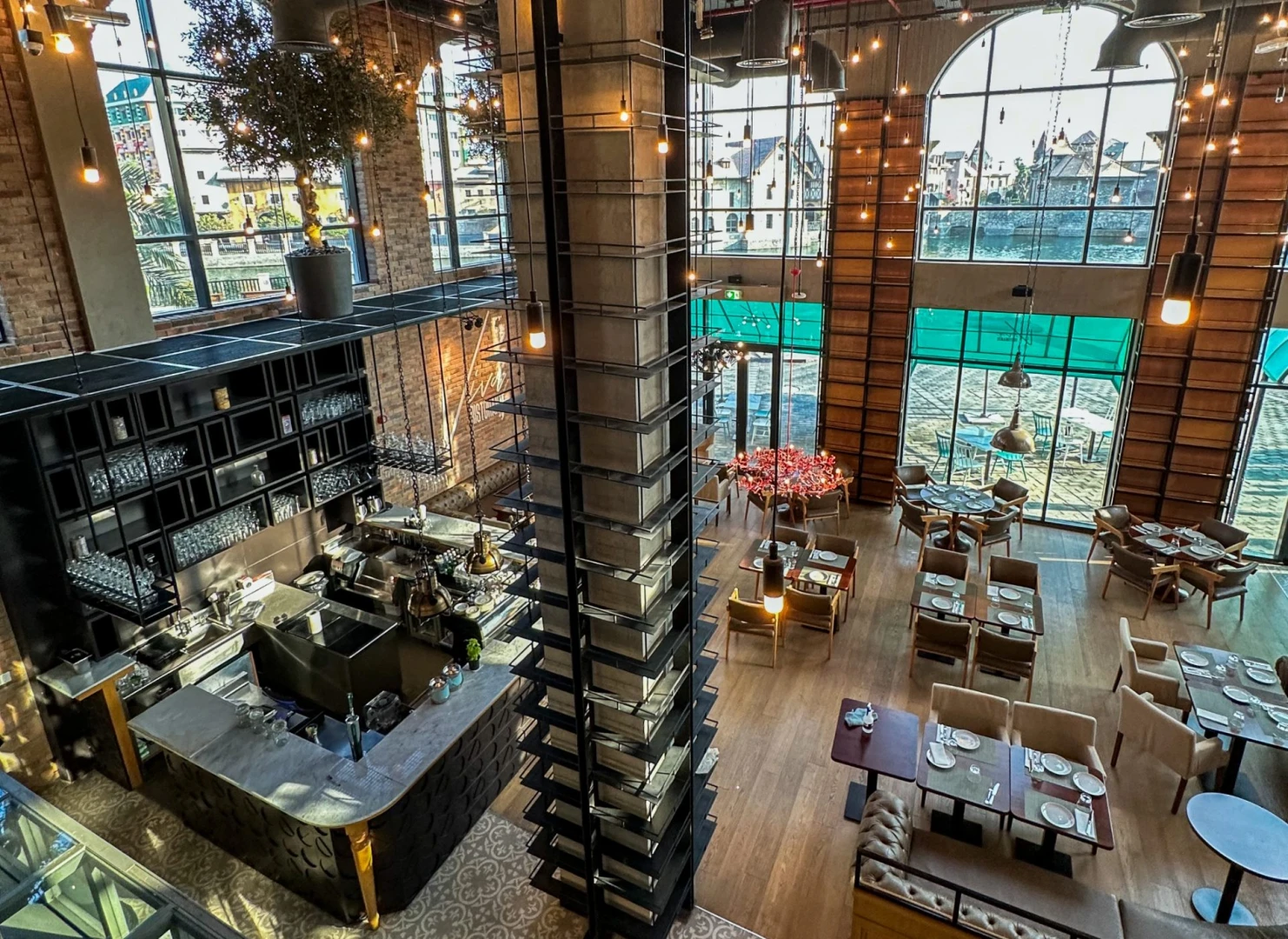 Spacious dining area with large windows at Dubai Parks and Resorts, Dubai, UAE.