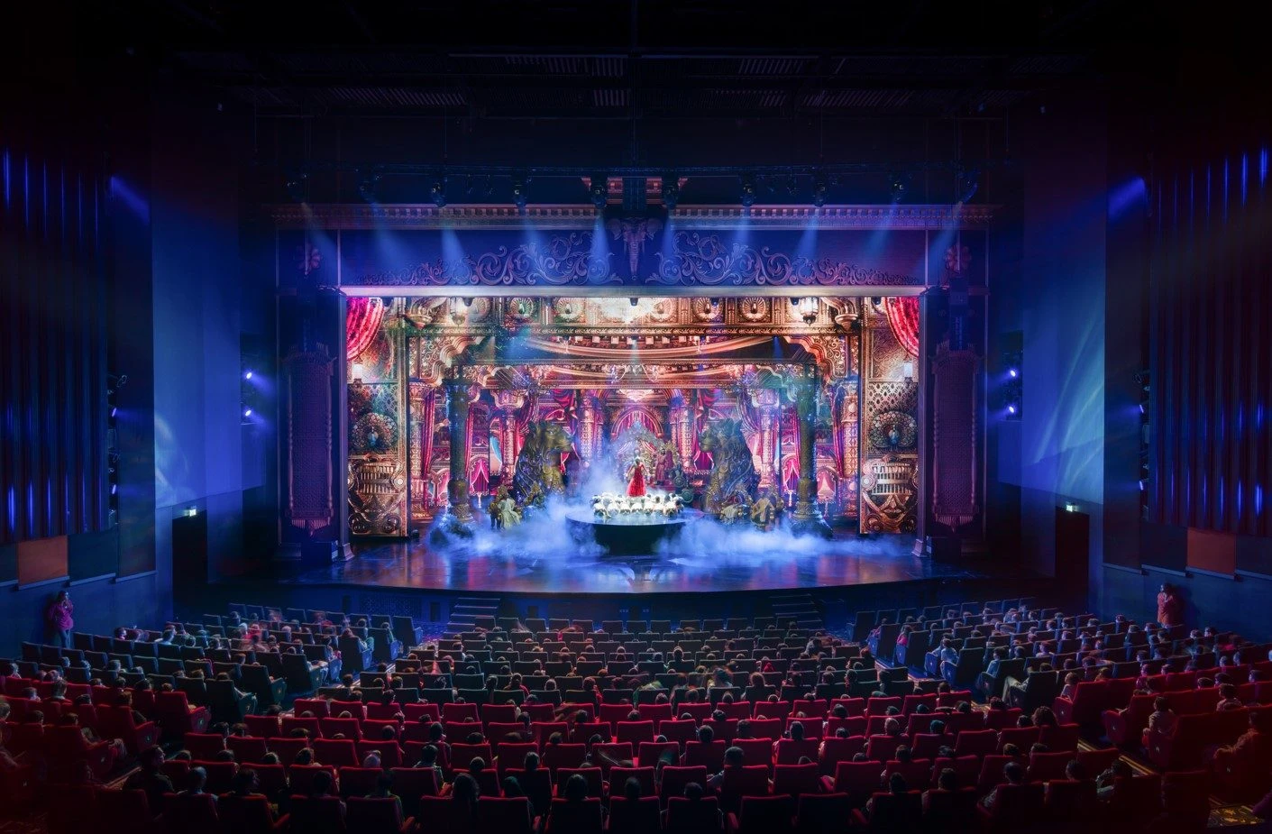 Ornate theater stage with audience at Dubai Parks and Resorts, Dubai, UAE