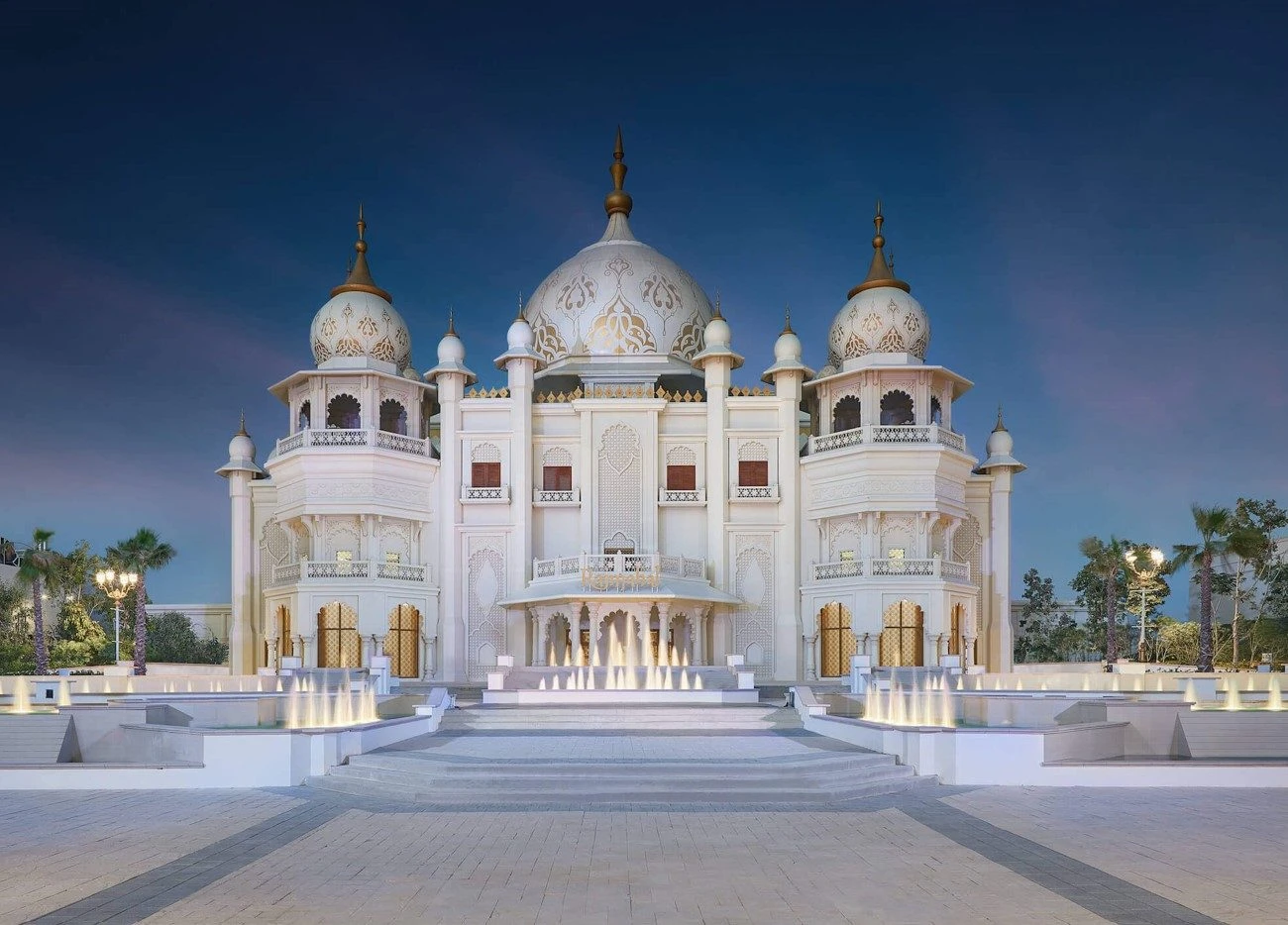 Ornate building exterior with domes and arches at Dubai Parks and Resorts, Dubai, UAE