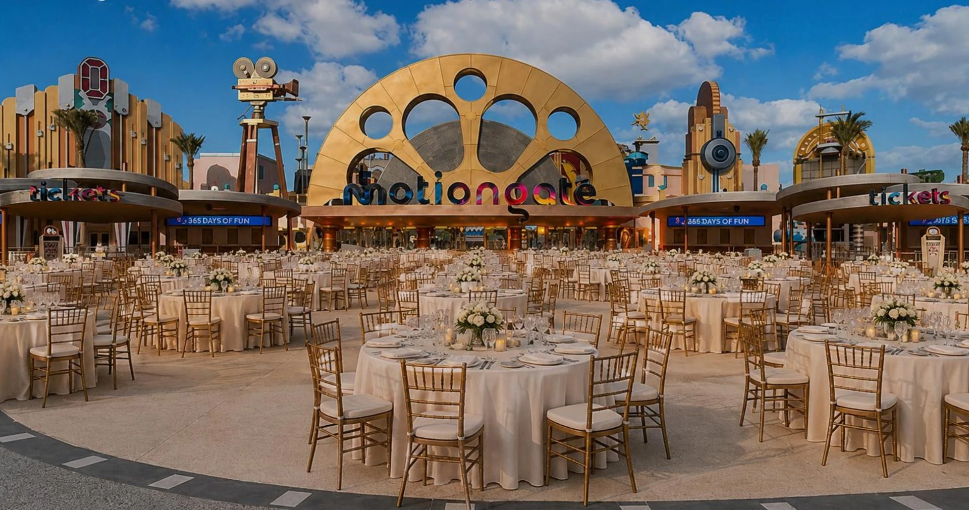 Elegant outdoor event setup at Dubai Parks and Resorts, Dubai, UAE.