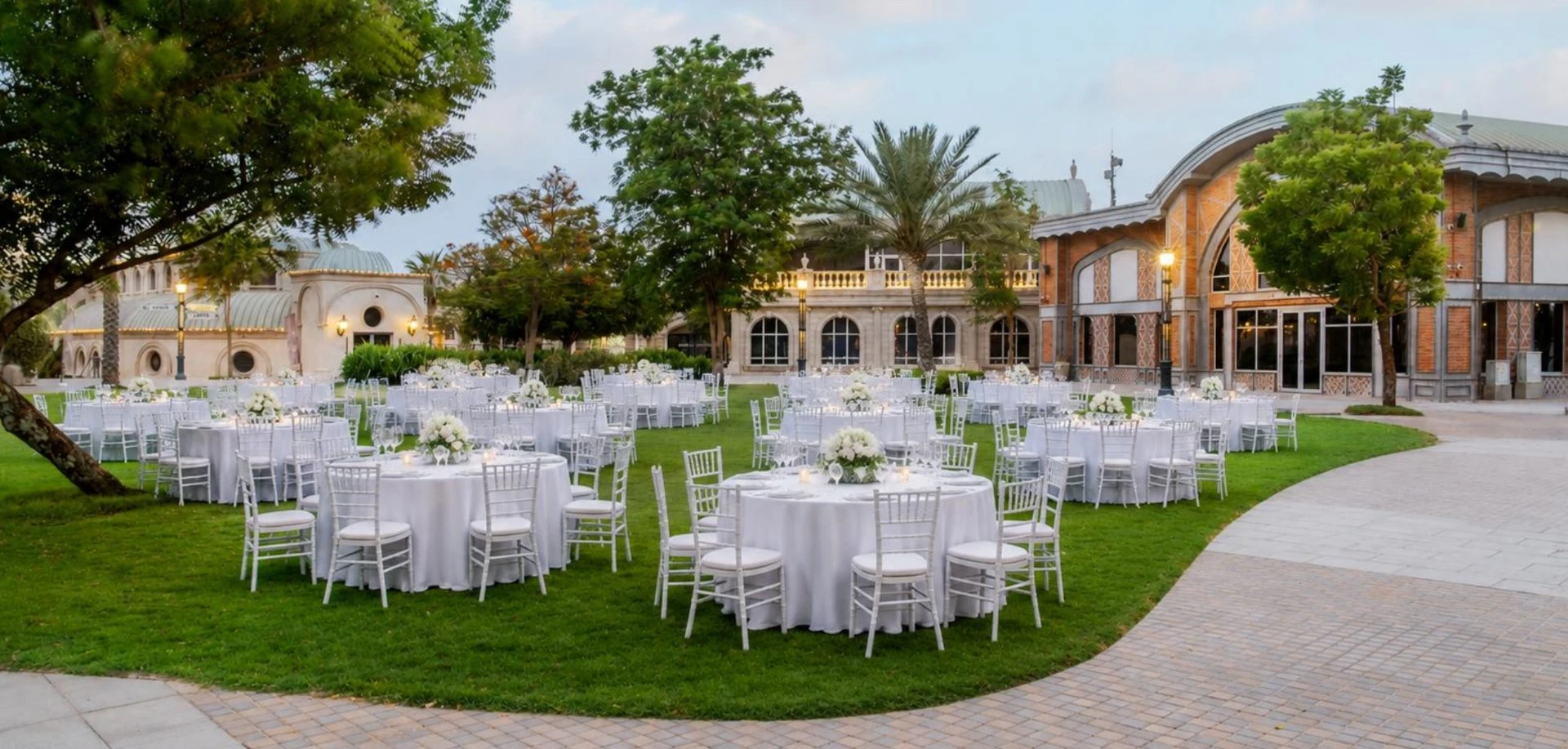 Outdoor event setup with round tables at Dubai Parks and Resorts, Dubai, UAE