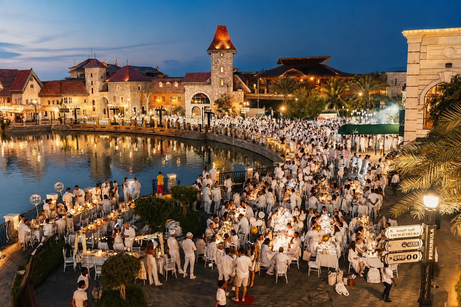 Evening event by the water at Dubai Parks and Resorts, Dubai, UAE.