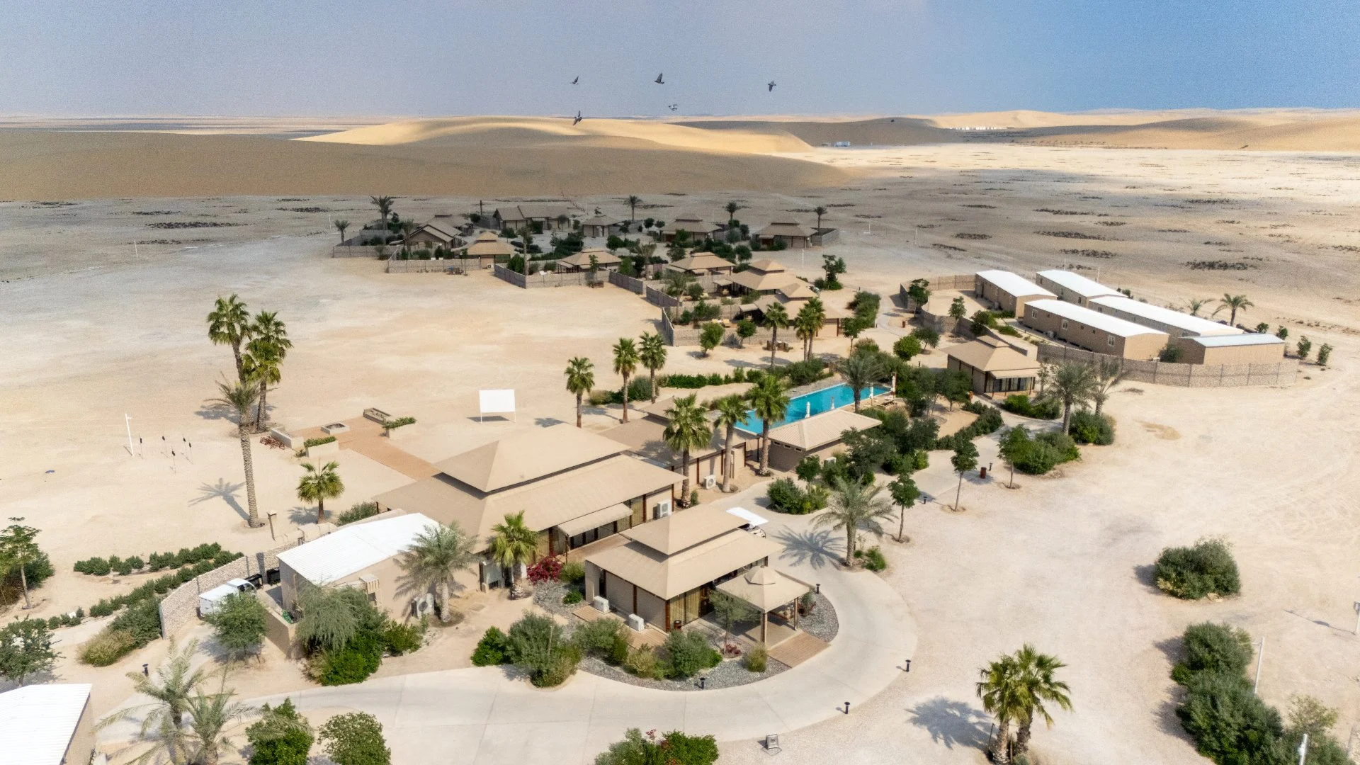 Aerial view of desert venue at The Outpost Al Barari, Doha, QATAR.